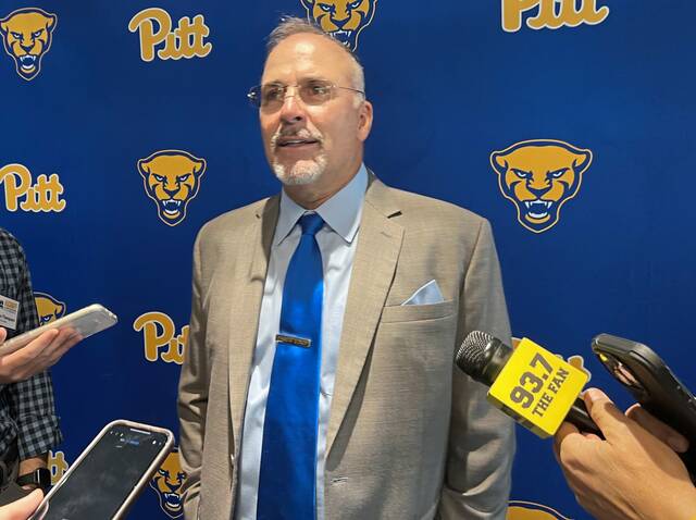 Pitt coach Pat Narduzzi talks to reporters at the team’s kickoff luncheon Friday at Acrisure Stadium.