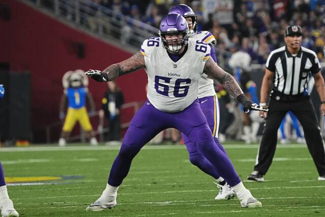 Minnesota Vikings guard Dalton Risner lines up against the Los Angeles Rams during a wild card playoff game Jan. 13, 2025, in Glendale, Ariz.