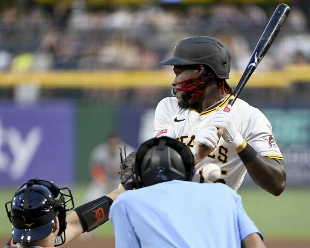 Pirates center fielder Oneil Cruz avoids a wild inside pitch during the sixth inning against the Tigers on Tuesday, July 22, 2025, at PNC Park.