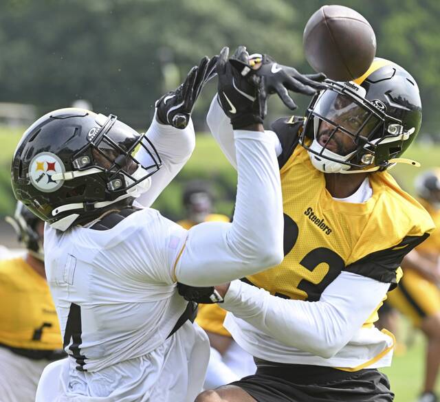 Pittsburgh Steelers cornerback Darius Slay breaks up a pass intended for receiver DK Metcalf during a training camp practice earlier this summer at Saint Vincent College. Slay, 34, is a 13-year NFL veteran and six-time Pro Bowl honoree who was signed as a free agent in March.