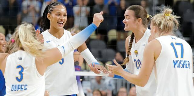 Pitt's Olivia Babcock (5) celebrates a kill to end the first set of Pitt's 3-1 win over TCU on Aug. 31, 2025, at PPG Paints Arena. The Panthers won 3-1 at the State Farm Volleyball Showcase.