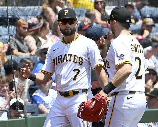 Pirates shortstop Isiah Kiner-Falefa celebrates with first baseman Spencer Horwitz after teaming up to get the Cardinals’ Thomas Saggese out on Wednesday, July 2, 2025, at PNC Park.