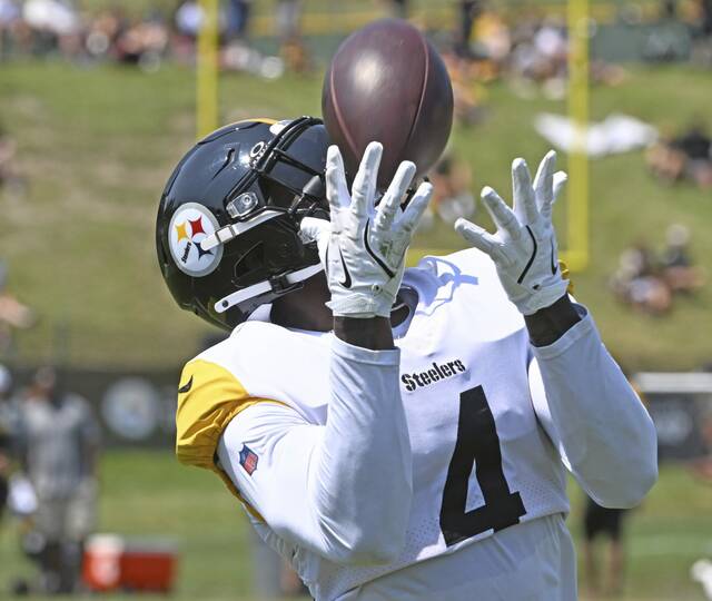 Steelers receiver DK Metcalf pulls in an over-the-shoulder catch during practice Aug. 3, 2025 at Saint Vincent College.