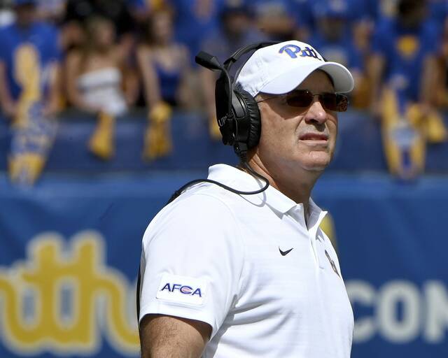 Pitt head coach Pat Narduzzi watches from the sideline during the Panthers’ game against Duquesne on Saturday, Aug. 30, 2025, at Acrisure Stadium.