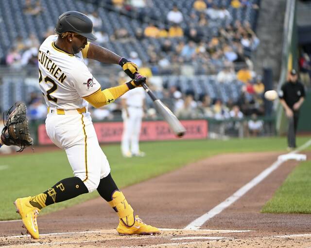 Pirates designated hitter Andrew McCutchen hits a home run during the second inning against the Dodgers on Wednesday, Sept. 3, 2025, at PNC Park.