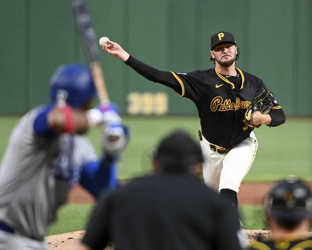 Pirates pitcher Paul Skenes strikes out the Dodgers’ Teoscar Hernandez during the fourth inning on Thursday, Sept. 4, 2025, at PNC Park.