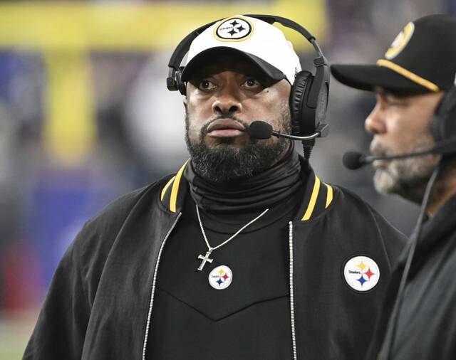 Steelers head coach Mike Tomlin on the side line against the Ravens during the AFC Wild Card game on Jan. 11, 2025 at M&T Bank Stadium.