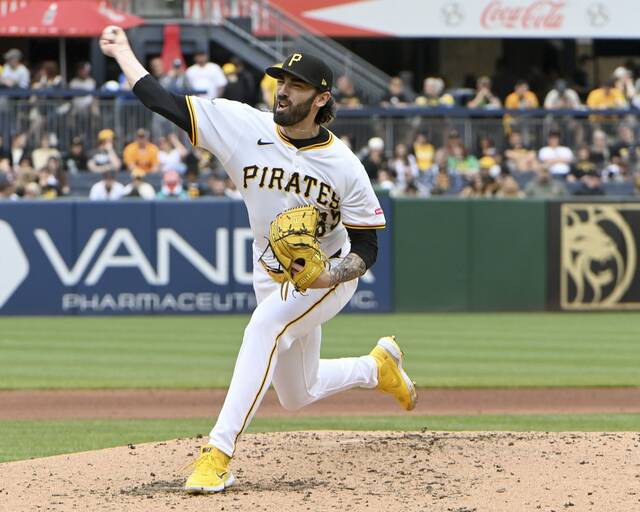 Pirates reliever Colin Holderman pitches against the Padres on Sunday, May 4, 2025, at PNC Park.