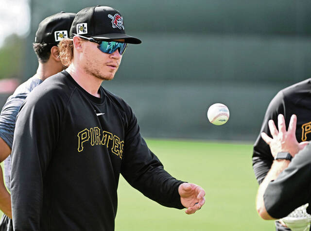 Pirates outfielder Jack Suwinski during practice in February at Pirates City in Bradenton, Fla.