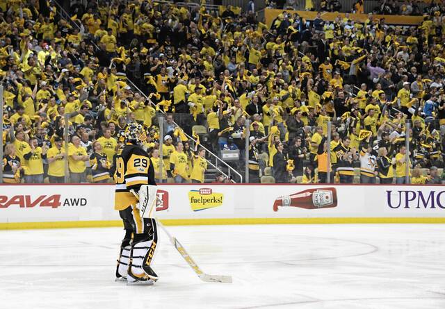 Penguins goaltender Marc-Andre Fleury taps his stick on the ice after Phil Kessel's goal against the Blue Jackets in the second period during Game 1 in first round Stanley Cup action Wednesday, April 12, 2017 at PPG Paints Arena.