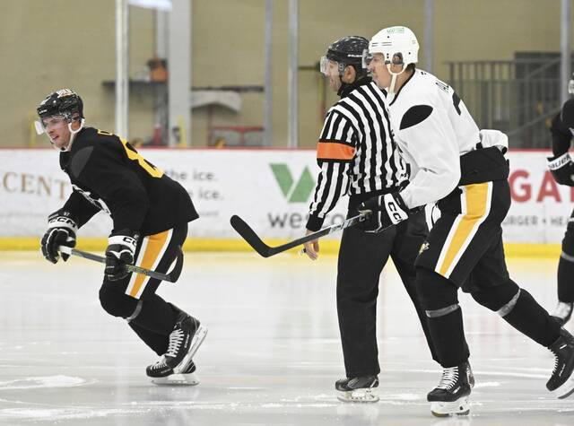Penguins forward Sidney Crosby (left) and Evgeni Malkin skate during the first day of training camp at the UPMC Lemieux Sports Complex on Sept. 18, 2024.