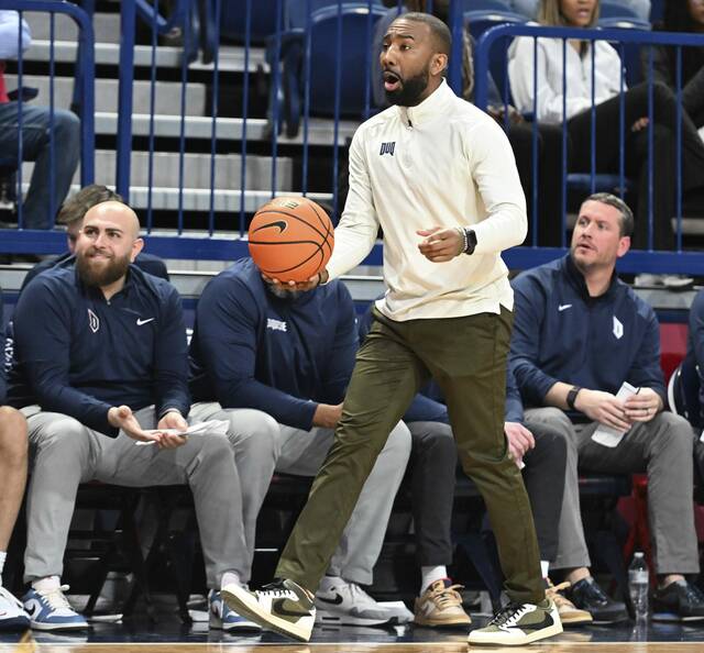 Duquesne head coach Dru Joyce III against St. Joseph’s in the second half Jan. 8, 2025 at UPMC Cooper Fieldhouse.