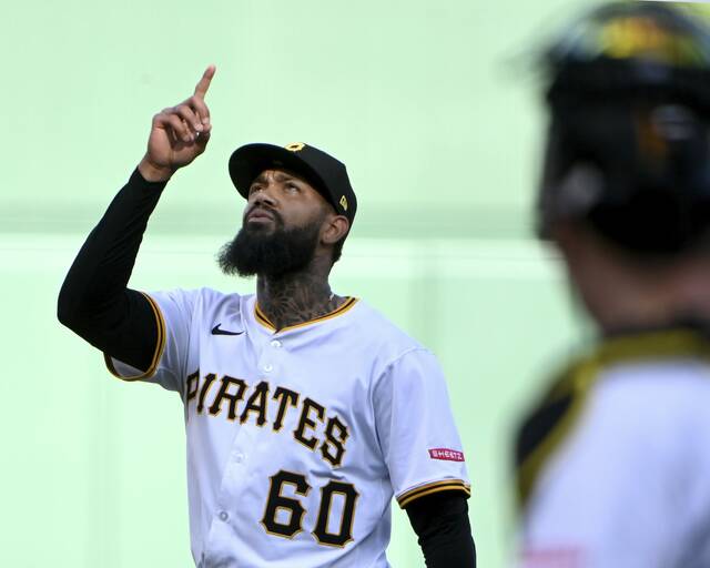 Pirates reliever Dennis Santana celebrates after retiring the Brewers in the eighth inning on Saturday, May 24, 2025, at PNC Park.