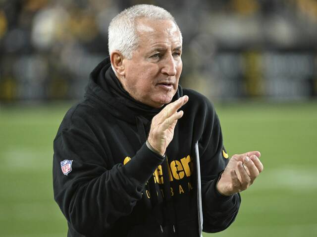Steelers special teams coach Danny Smith on the sidelines against the Giants after Calvin Austin’s punt return for a touchdown Monday Oct. 28, 2024 at Acrisure Stadium.