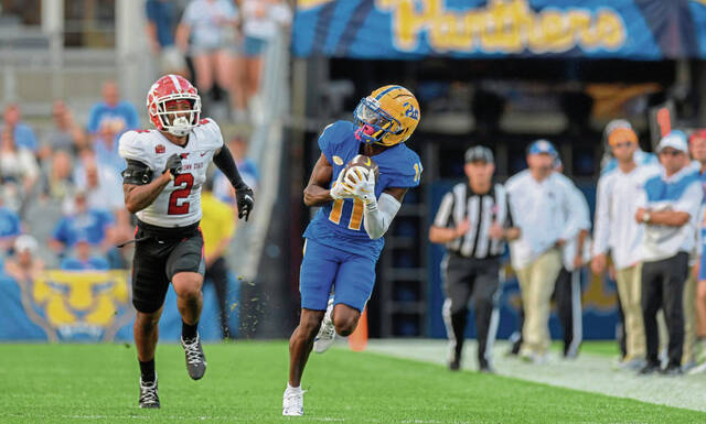 Pitt receiver Censere Lee catches a pass from Eli Holstein in the first half for a Panther touchdown against Youngstown State on Sept. 21, 2024.