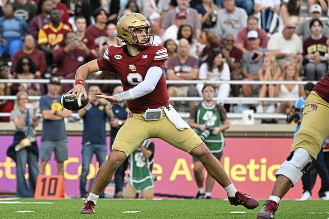 Boston College quarterback Dylan Lonergan (9) passes the ball against California during the second half Sept. 27, 2025, at Alumni Stadium.