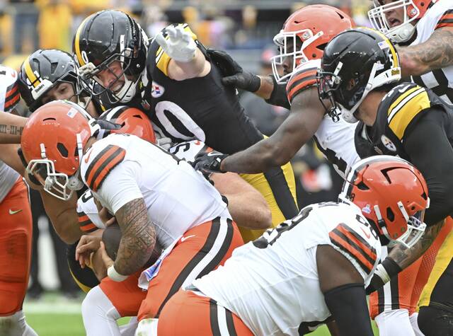 Steelers linebacker T.J. Watt sacks Browns quarterback Dillon Gabriel on Sunday, Oct. 12, 2025 at Acrisure Stadium.