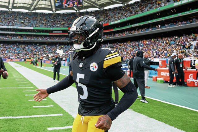 Pittsburgh Steelers cornerback Jalen Ramsey enters the field for a game against Minnesota Vikings at Croke Park Stadium in Dublin on Sept. 28. Ramsey suffered a hamstring injury during the game but returned for the Steelers’ next game Sunday against the Cleveland Browns.