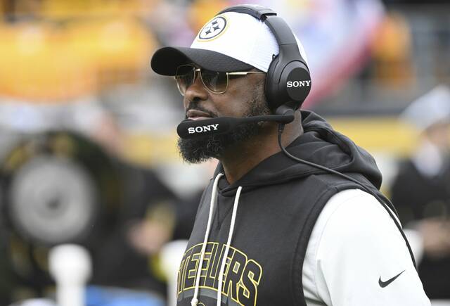 Steelers head coach Mike Tomlin on the sideline against the Browns on Sunday, Oct. 12, 2025 at Acrisure Stadium.