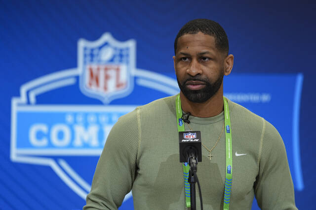 Cleveland Browns general manager Andrew Berry speaks during a press conference at the NFL combine in February. Pittsburgh Steelers coach Mike Tomlin is perplexed that Berry traded his team’s former starting quarterback within the division.