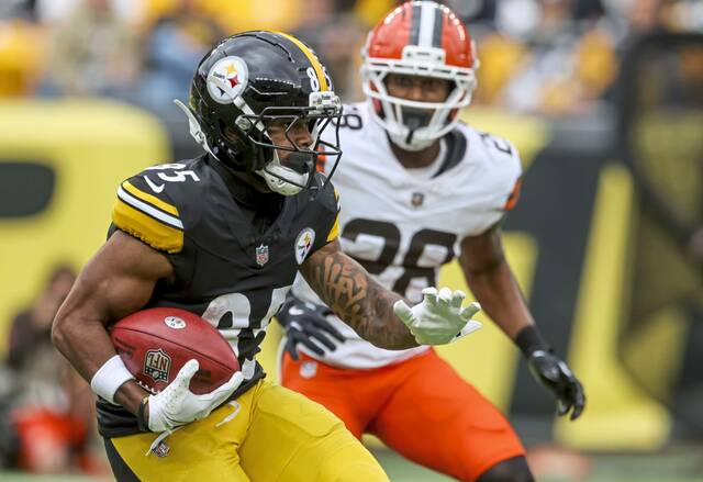 Pittsburgh Steelers wide receiver Ke’Shawn Williams looks for an opening while returning a punt during the third quarter of Sunday’s win against the Cleveland Browns at Acrisure Stadium. Williams made his NFL debut in the game.