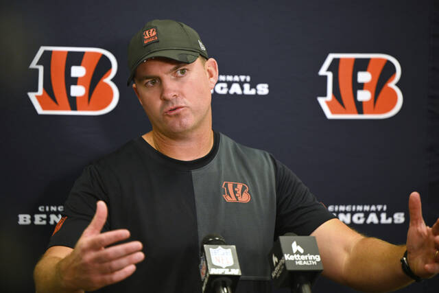 Cincinnati Bengals coach Zac Taylor answers questions after the Sept. 7 season-opening win at the Cleveland Browns. The Bengals started 2-0 but have lost four consecutive games — all by nine points or more.