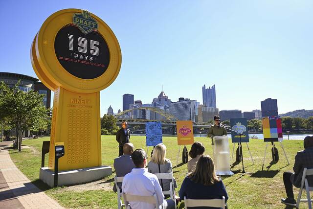 Patrick Fisher, Greater Pittsburgh Arts Council CEO, speaks during an unveiling of the new NFL Draft 2026 logo on the North Shore on Friday, Oct. 10, 2025. The logo incorporates vibrant colors from public murals, the yellow of the sister bridges and the blues of the three rivers.