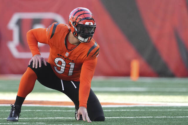 Shown during a game last season against the Pittsburgh Steelers, Cincinnati Bengals defensive end Trey Hendrickson was deemed an inactive for Thursday night’s home game against the Steelers. Hendrickson suffered a hip injury during his most recent game Sunday.