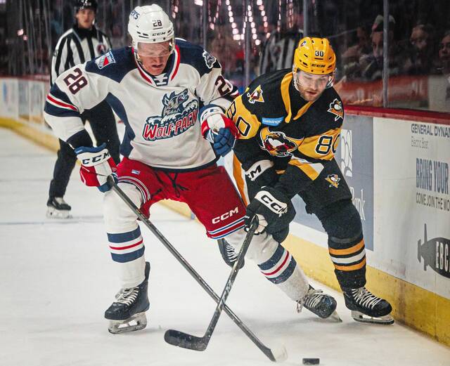 Wilkes-Barre/Scranton Penguins forward Raivis Ansons battles Hartford Wolf Pack forward Dylan Roobroeck for a puck during a game at the PeoplesBank Arena in Hartford, Conn. on Friday. The Penguins won, 5-2.