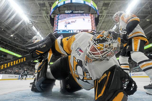 Penguins goalie Tristan Jarry makes a save in the second period against the San Jose Sharks on Saturday night.