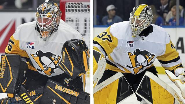 Pittsburgh Penguins goaltenders Tristan Jarry (left) and Arturs Silovs have each started three games this season.