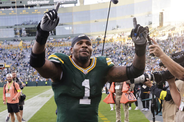 Green Bay Packers defensive end Micah Parsons celebrates after a win over the Detroit Lions on Sept. 7.
