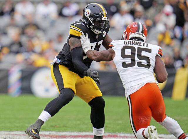 Steelers offensive tackle Broderick Jones blocks Browns defensive end Myles Garrett in the Oct. 12 game in Pittsburgh.
