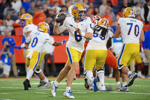 Pitt quarterback Mason Heintschel (6) gets time to throw against Syracuse during the first half Oct. 18, 2025, at the JMA Wireless Dome.
