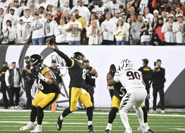 Pittsburgh Steelers quarterback Aaron Rodgers lets go of a “Hail Mary” throw on the last play of the game last week against the Cincinnati Bengals.