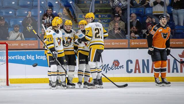 Members of the Wilkes-Barre/Scranton Penguins celebrate during a 4-1 win against the Lehigh Valley Phantoms at Mohegan Sun Arena in Wilkes-Barre on Wednesday.