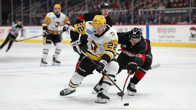 Wilkes-Barre/Scranton Penguins forward Sam Poulin battles for a puck with Charlotte Checkers forward Jack Studnicka during a game at the Bojangles Coliseum in Charlotte, N.C., on Friday. The Penguins won, 4-0.