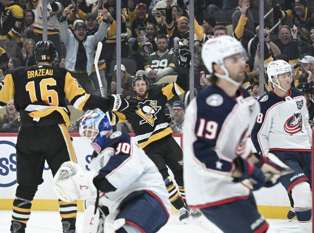 The Penguins’ Anthony Mantha celebrates his goal against the Blue Jackets in the first period Saturday at PPG Paints Arena.