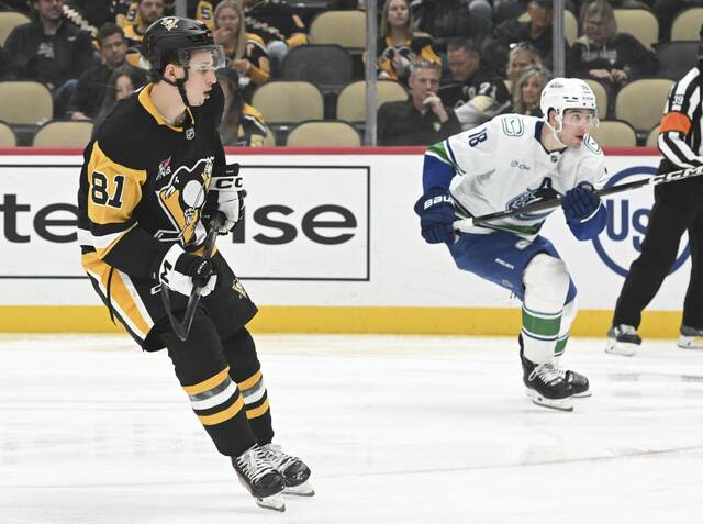 The Penguins’ Ben Kindel plays against the Canucks on Oct. 21, 2025 at PPG Paints Arena.