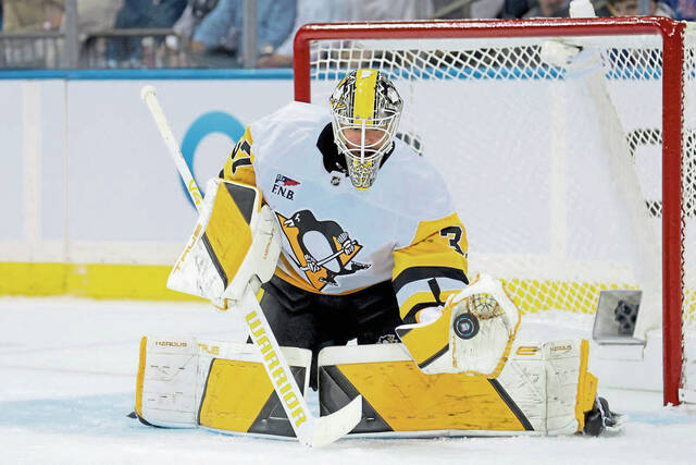 In four games this season, Penguins goaltender Arturs Silovs has a 3-1-0 record.