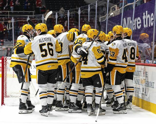 Members of the Wilkes-Barre/Scranton Penguins celebrate following a 3-2 overtime win against the Charlotte Checkers at Bojangles Coliseum in Charlotte, N.C. on Saturday.