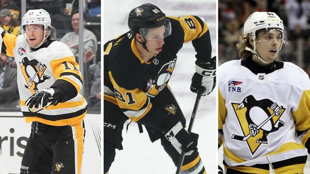 Penguins rookie forwards (left to right) Filip Hallander, Ben Kindel and Ville Koivunen.