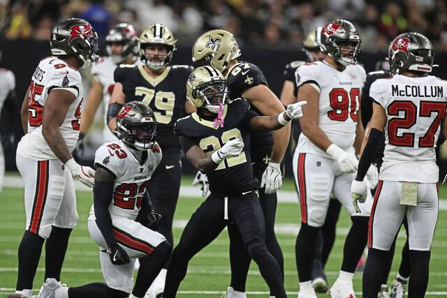Saints wide receiver Rashid Shaheed reacts after a gain against Tampa Bay on Sunday at Caesars Superdome.