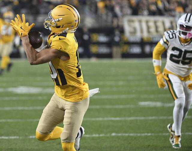 Pittsburgh Steelers receiver Roman Wilson brings in a pass after beating Green Bay Packers’ defensive back Keisean Nixon during the first quarter of Sunday’s game at Acrisure Stadium. The pass accounted for 45 yards and traveled 55.7 yards in the air - the longest for a completed pass by Aaron Rodgers this season.