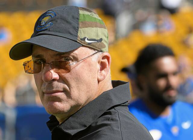 Pitt coach Pat Narduzzi looks on during warmups before the Panthers' matchup against Boston College on Saturday, Oct. 4, 2025, at Acrisure Stadium.