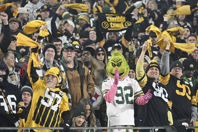 Steelers fans surround a Green Bay Grinch during the Packers game in the first quarter Oct. 26, 2025, at Acrisure Stadium.