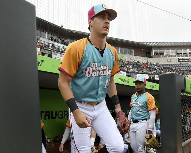 The Curve’s Konnor Griffin steps out of the dugout to make his Class AA debut on Tuesday, Aug. 19, 2025, at PNG Field in Altoona.