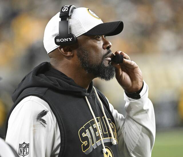 Pittsburgh Steelers coach Mike Tomlin stands on the sidelines viewing last week’s game against the Green Bay Packers at Acrisure Stadium. Tomlin by some measures has been the NFL’s most conservative-minded coach this season.