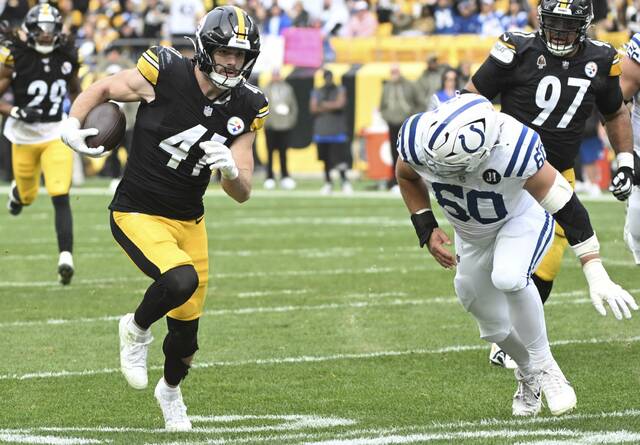 The Steelers’ Payton Wilson returns an interception against the Colts in the second quarter Sunday, Nov. 2, 2025 at Acrisure Stadium.