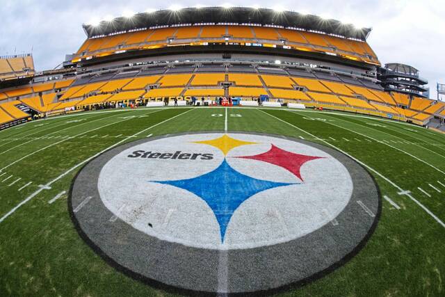 The Pittsburgh Steelers logo is shown on the field at Acrisure Stadium before Sunday’s game against the Indianapolis Colts. During the game, some viewers were confused as to why the Steelers did not get awarded a touchdown after a first-quarter Colts muffed punt.